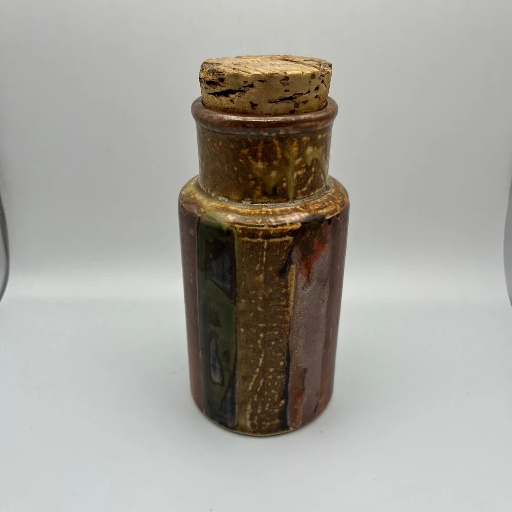 Vintage Japanese Pottery Jar with‎ Cork Stopper Decorative Accent MCM Decor